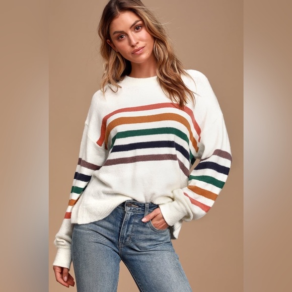 Lulus Heart to Heart Striped Sweater in Ivory Multi Size Small - Picture 8 of 10